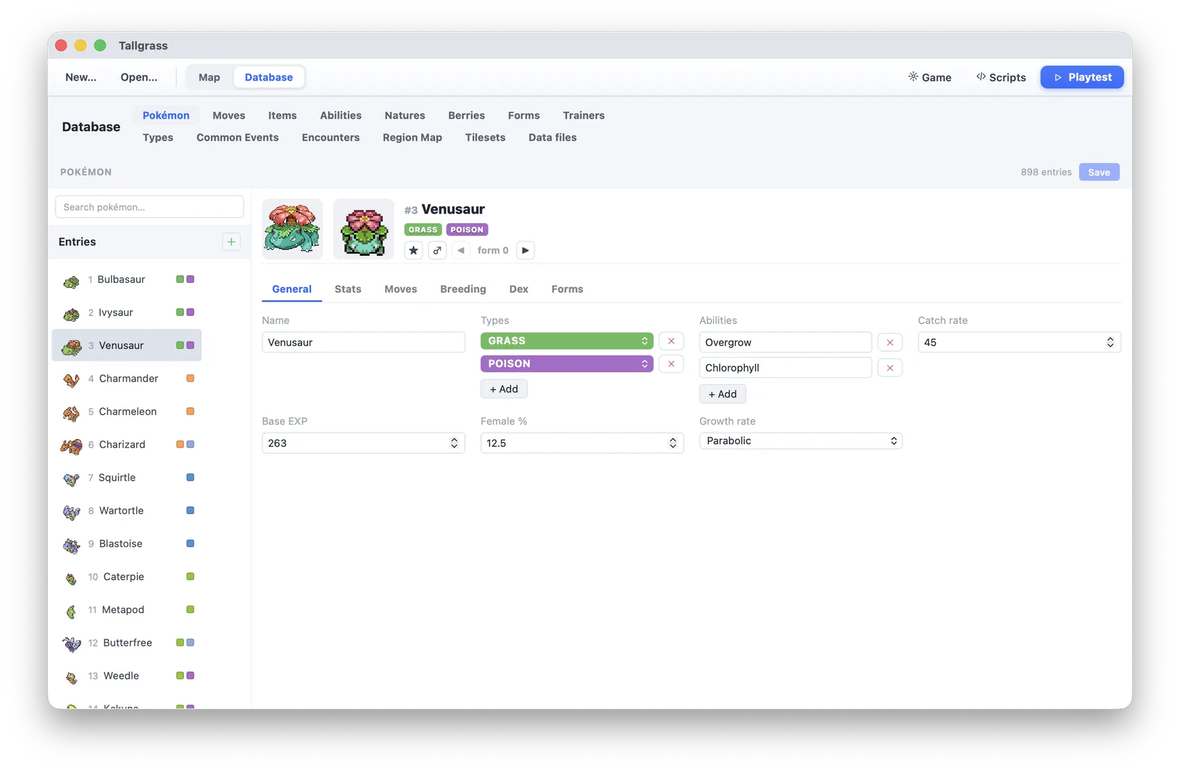 Database editor showing species, moves and items