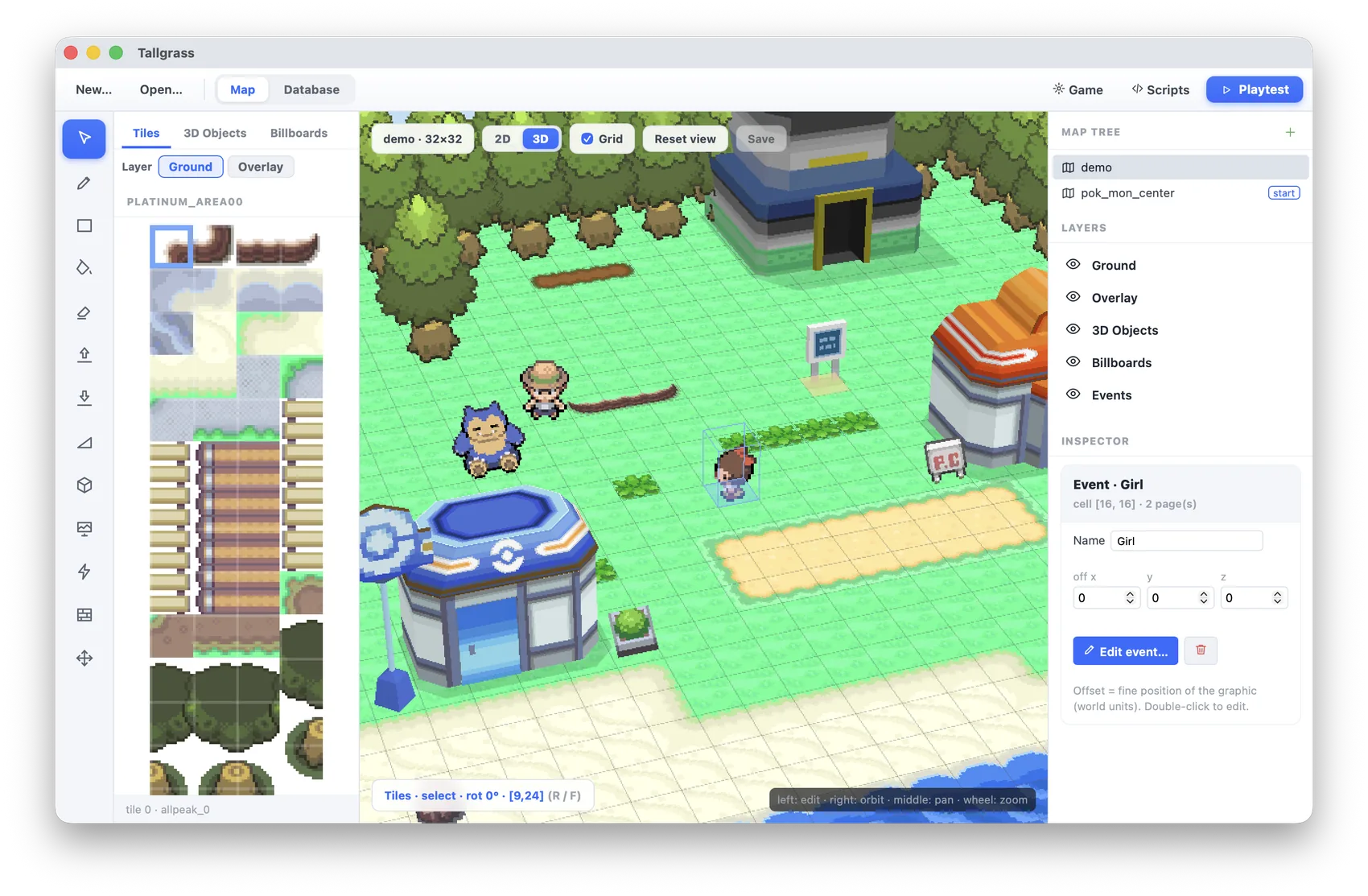 3D map editor with tile palette and inspector