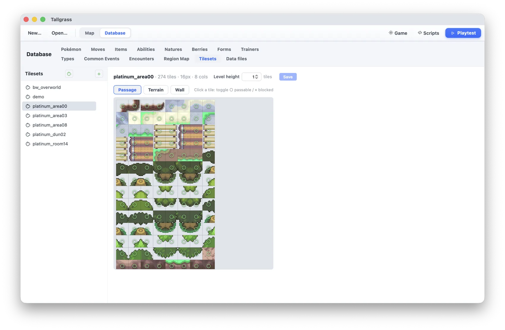 Tileset manager with passage and terrain tagging
