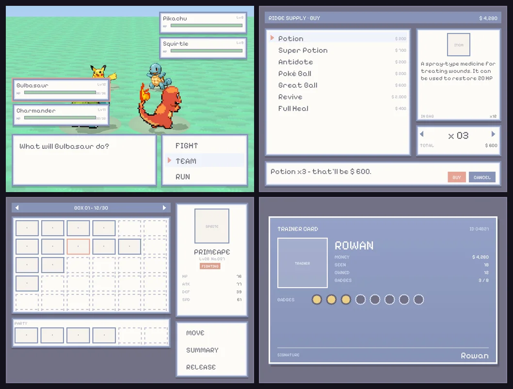The in-engine UI kit: a battle with status boxes, a shop, the PC storage boxes and the trainer card